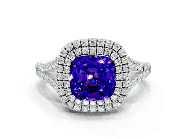 White gold Cushion Cut Tanzanite Pavé Split Shank Double Halo Engagement Ring
