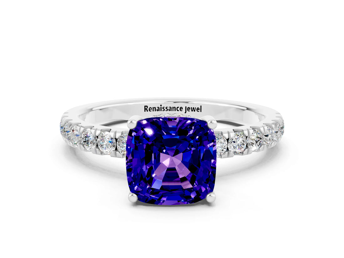 White gold Cushion Cut Tanzanite Pave Band Solitaire Ring with Four-Prong Setting_24