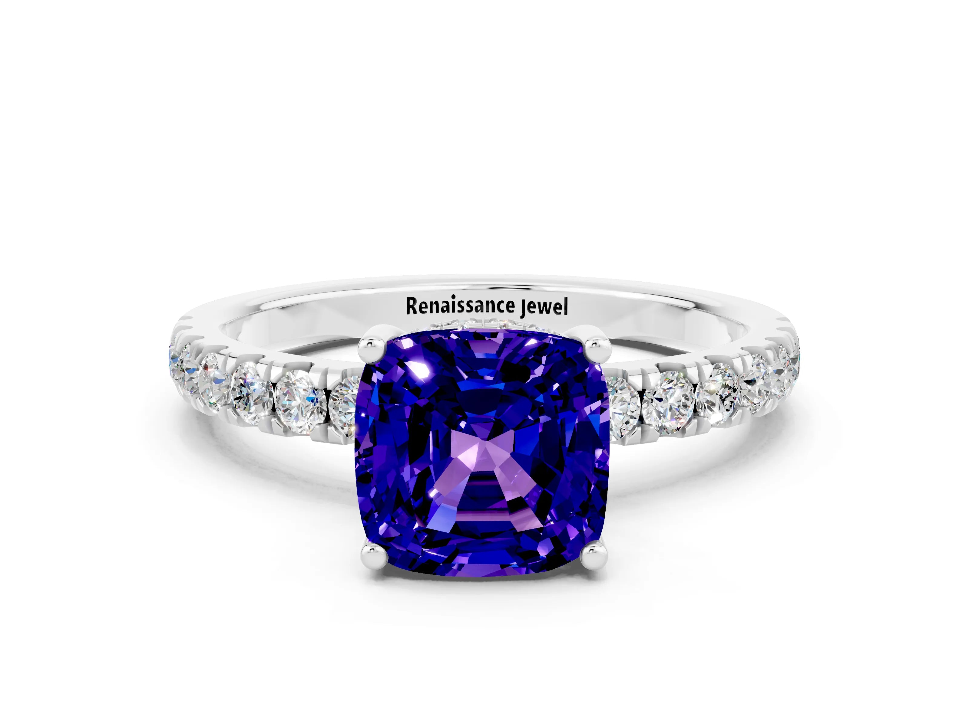 White gold Cushion Cut Tanzanite Pave Band Solitaire Ring with Four-Prong Setting_24