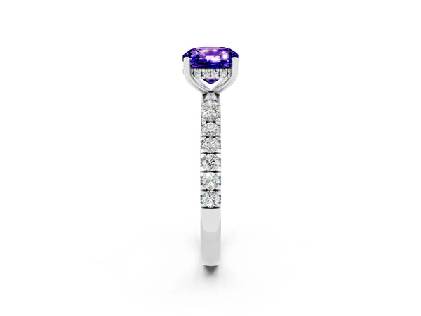Platinum Cushion Cut Tanzanite Pave Band Solitaire Ring with Round  and Prong Setting