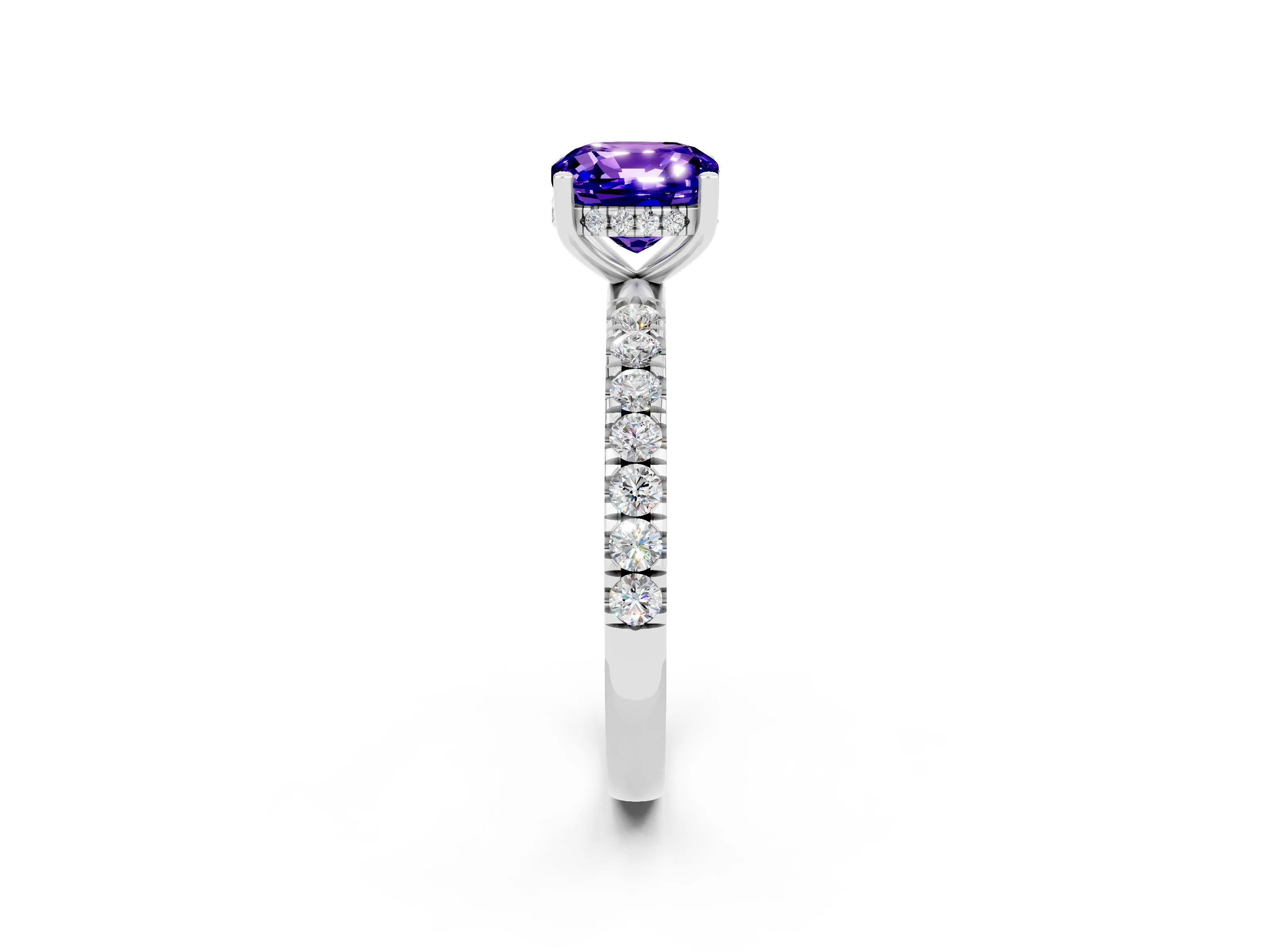 White gold Cushion Cut Tanzanite Pave Band Solitaire Ring with Four-Prong Setting_26