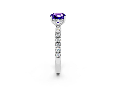 White gold Cushion Cut Tanzanite Pave Band Solitaire Ring with Four-Prong Setting_26