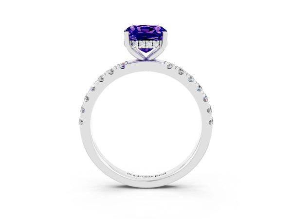 White gold Cushion Cut Tanzanite Pave Band Solitaire Ring with Round  and Prong Setting