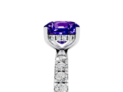 White gold Cushion Cut Tanzanite Pave Band Solitaire Ring with Four-Prong Setting_29