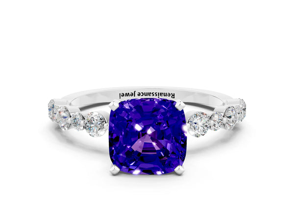 Platinum Cushion Cut Tanzanite Prong Set Engagement Ring with Pavé Band