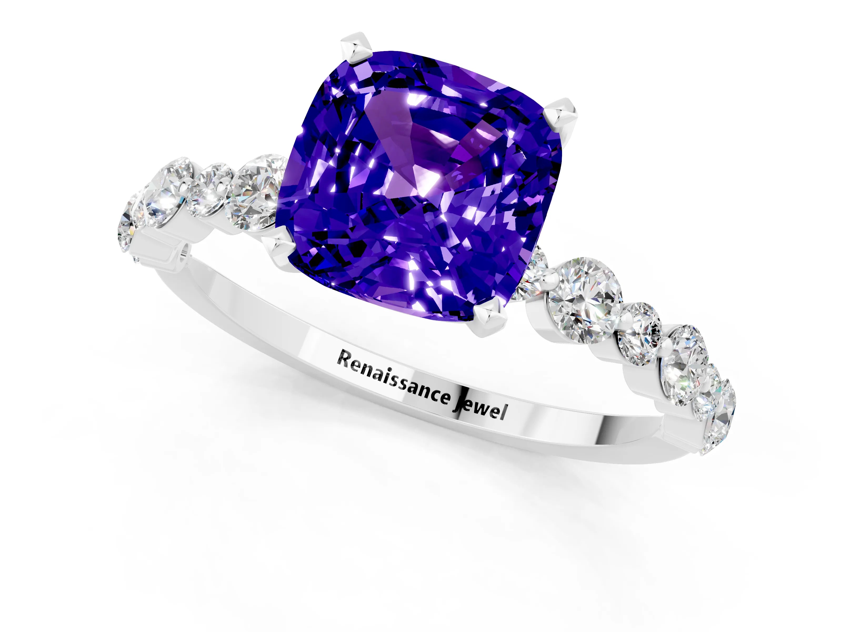 White gold Cushion Cut Tanzanite Prong Set Engagement Ring with Pavé Band_1