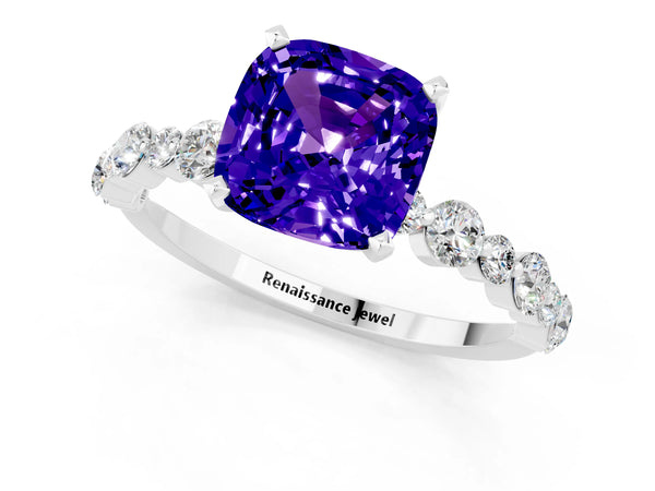 White gold Cushion Cut Tanzanite Prong Set Engagement Ring with Pavé Band