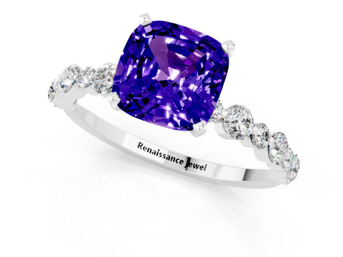 White gold Cushion Cut Tanzanite Prong Set Engagement Ring with Pavé Band_1