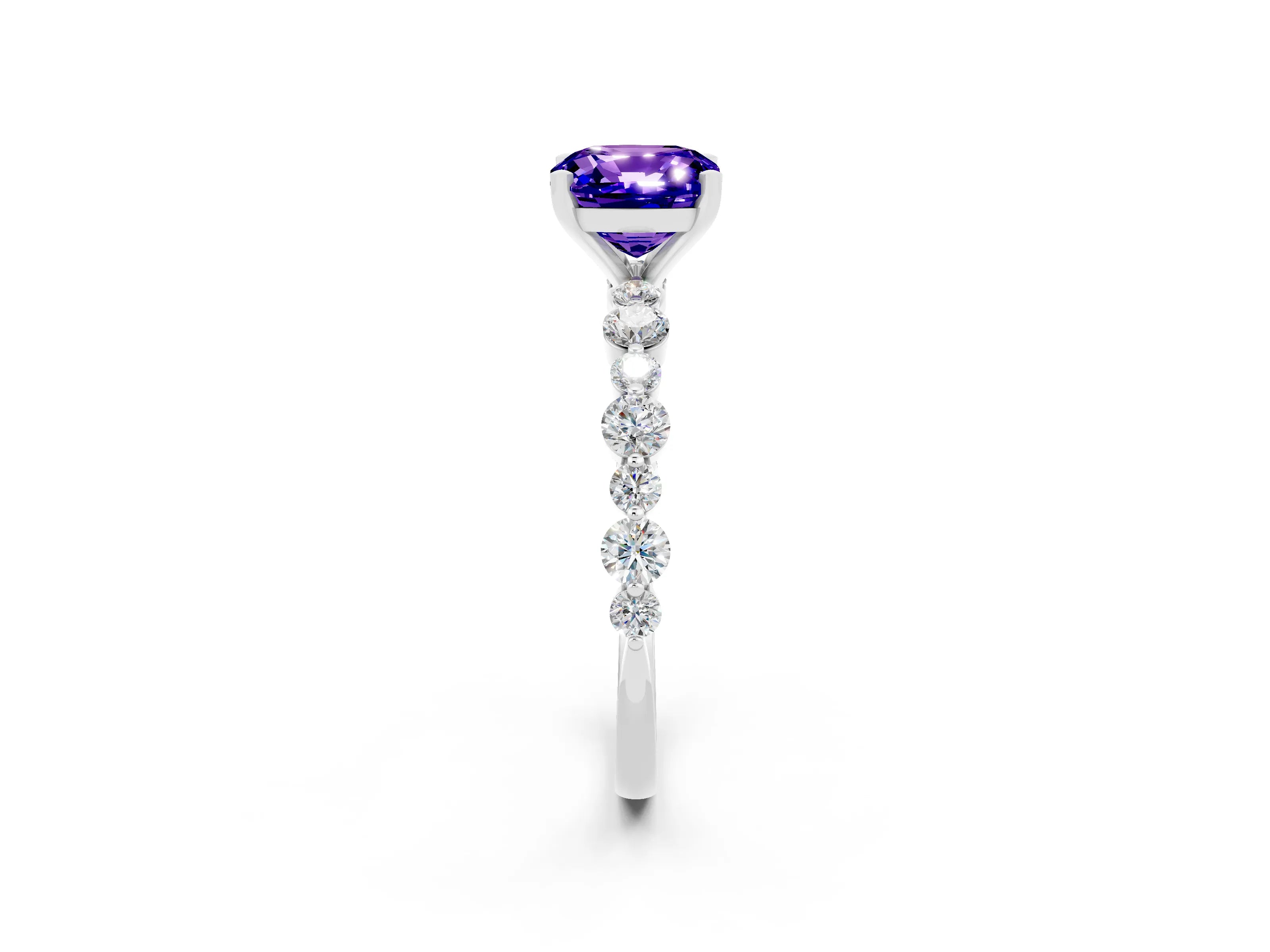 White gold Cushion Cut Tanzanite Prong Set Engagement Ring with Pavé Band_2