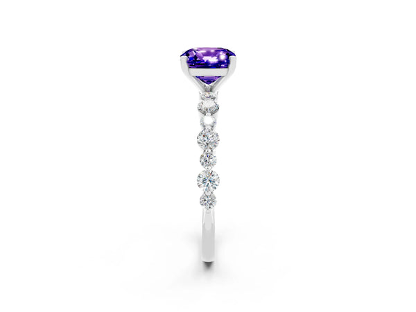 Silver Cushion Cut Tanzanite Prong Set Engagement Ring with Pavé Band