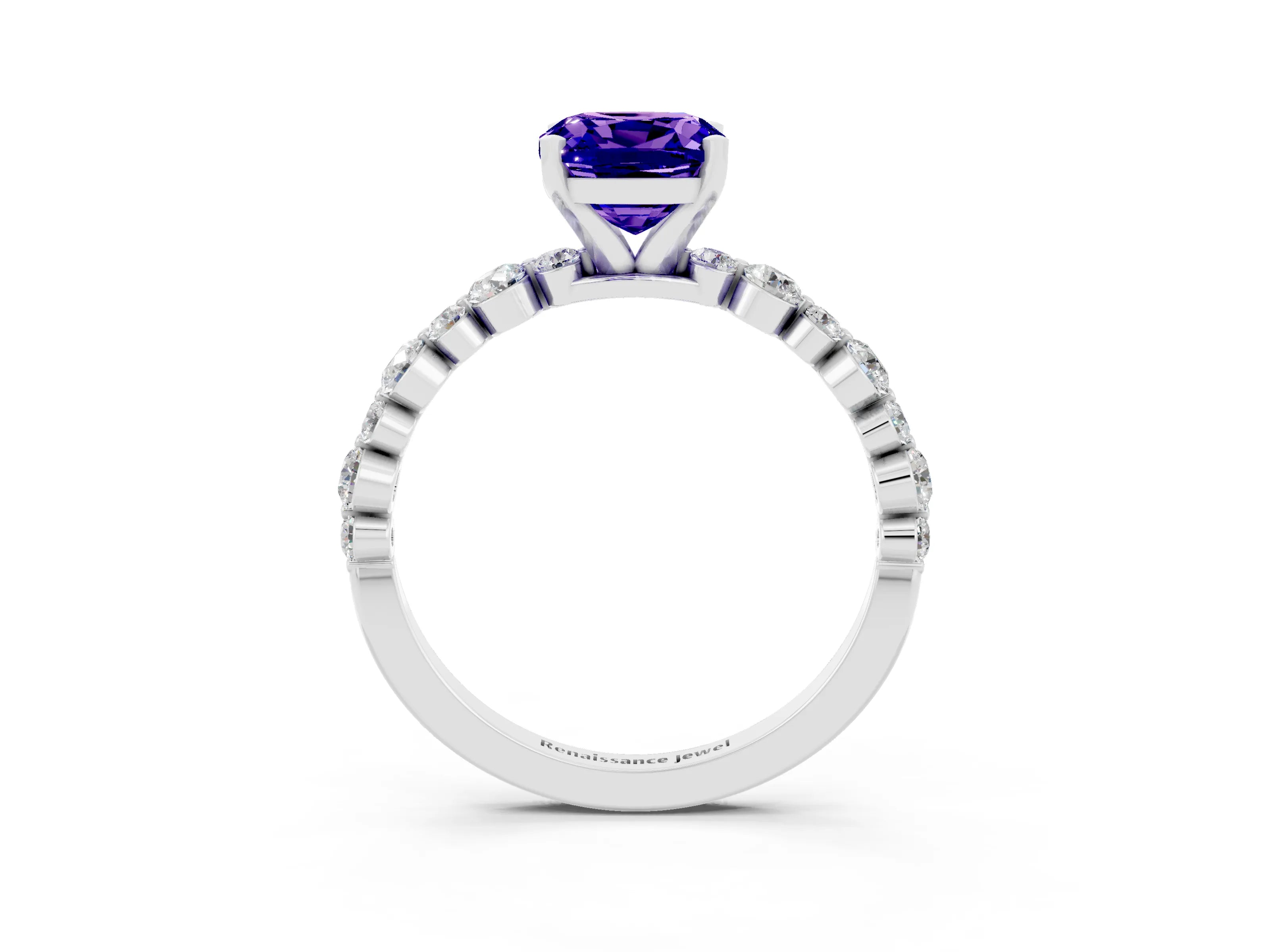 White gold Cushion Cut Tanzanite Prong Set Engagement Ring with Pavé Band_3