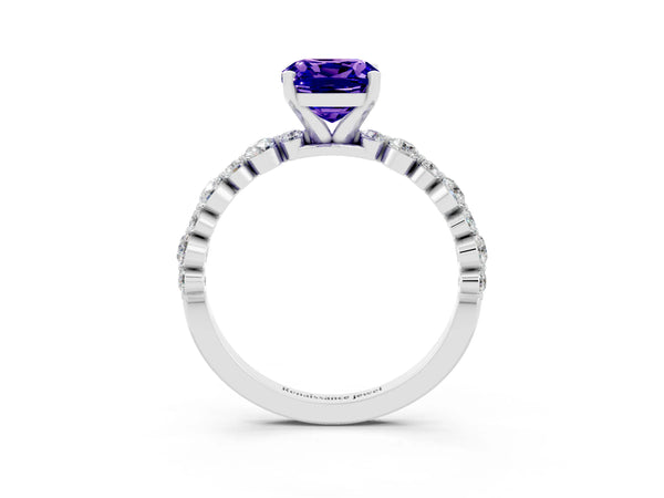 Silver Cushion Cut Tanzanite Prong Set Engagement Ring with Pavé Band