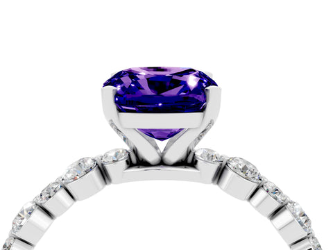 White gold Cushion Cut Tanzanite Prong Set Engagement Ring with Pavé Band_4