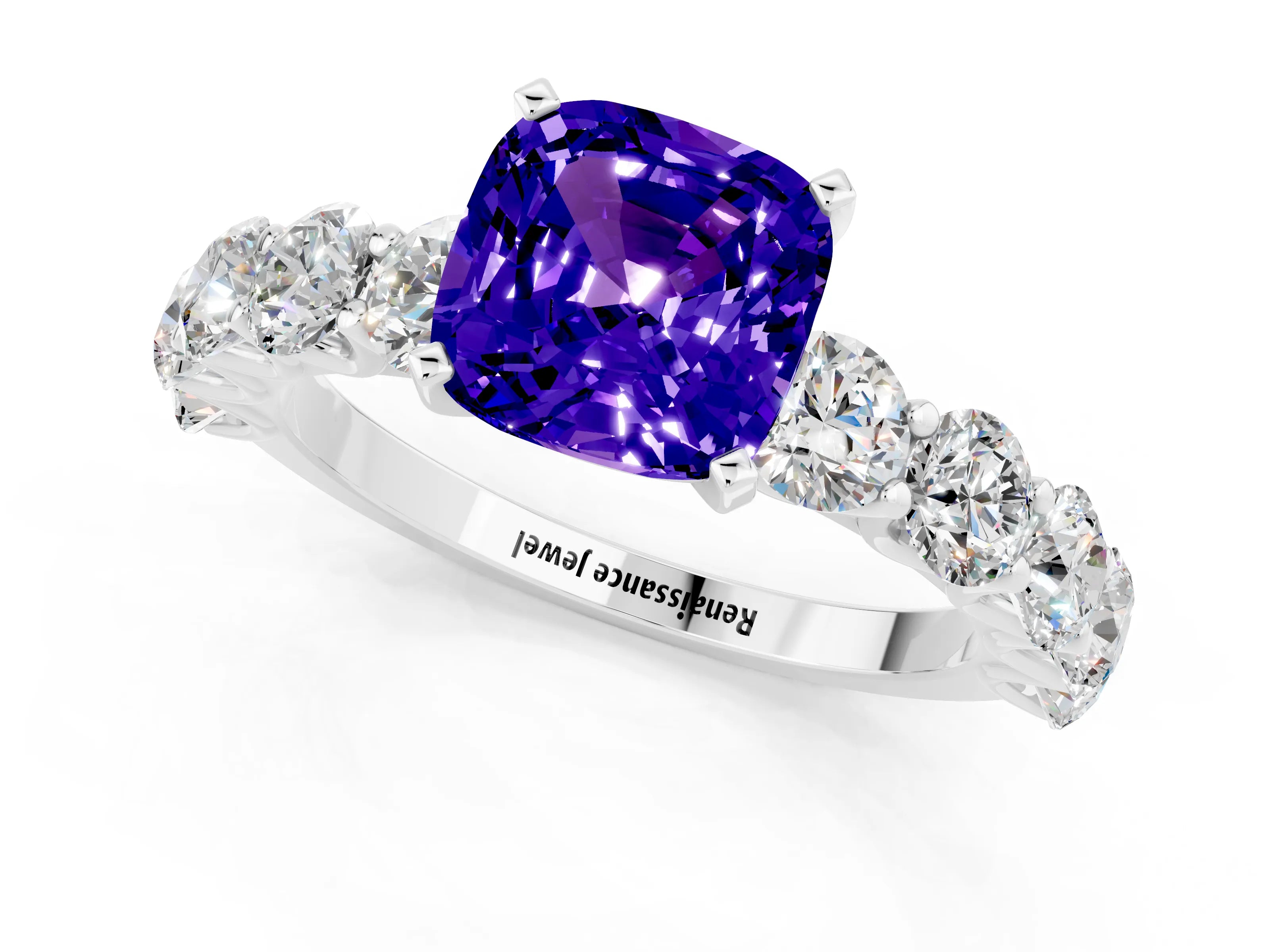 White gold Cushion Cut Tanzanite Prong Setting with Side Stones on a Pave Band_1
