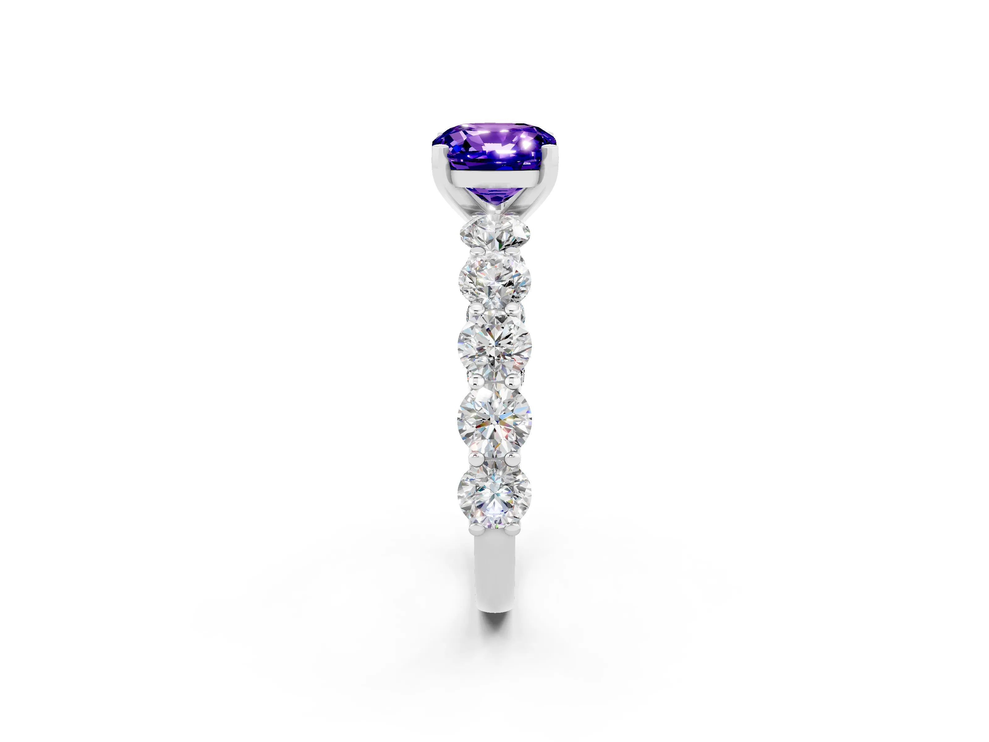 White gold Cushion Cut Tanzanite Prong Setting with Side Stones on a Pave Band_2