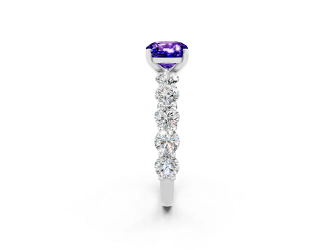 White gold Cushion Cut Tanzanite Prong Setting with Side Stones on a Pave Band_2