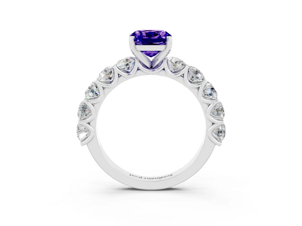 White gold Cushion Cut Tanzanite Prong Setting with Side Stones on a Pave Band