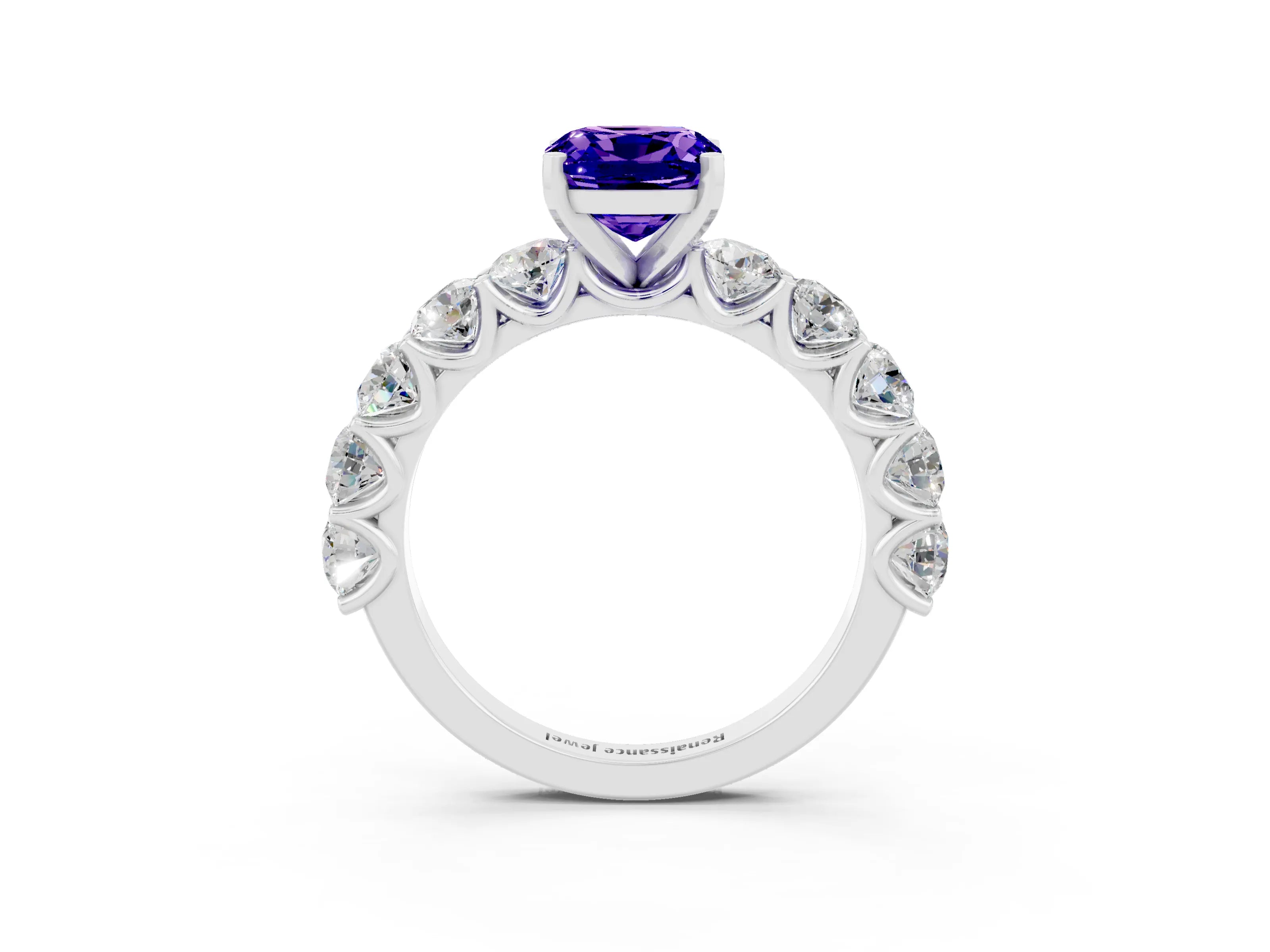 White gold Cushion Cut Tanzanite Prong Setting with Side Stones on a Pave Band_3