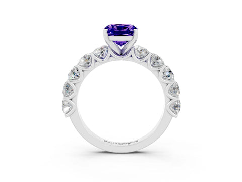 White gold Cushion Cut Tanzanite Prong Setting with Side Stones on a Pave Band_3
