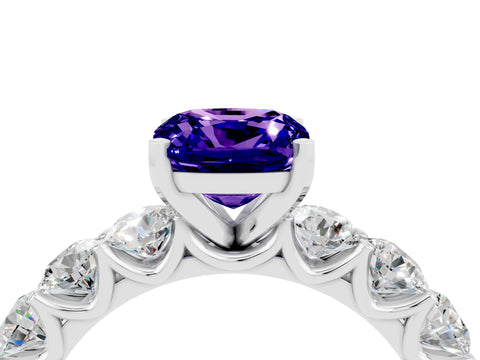 White gold Cushion Cut Tanzanite Prong Setting with Side Stones on a Pave Band_4
