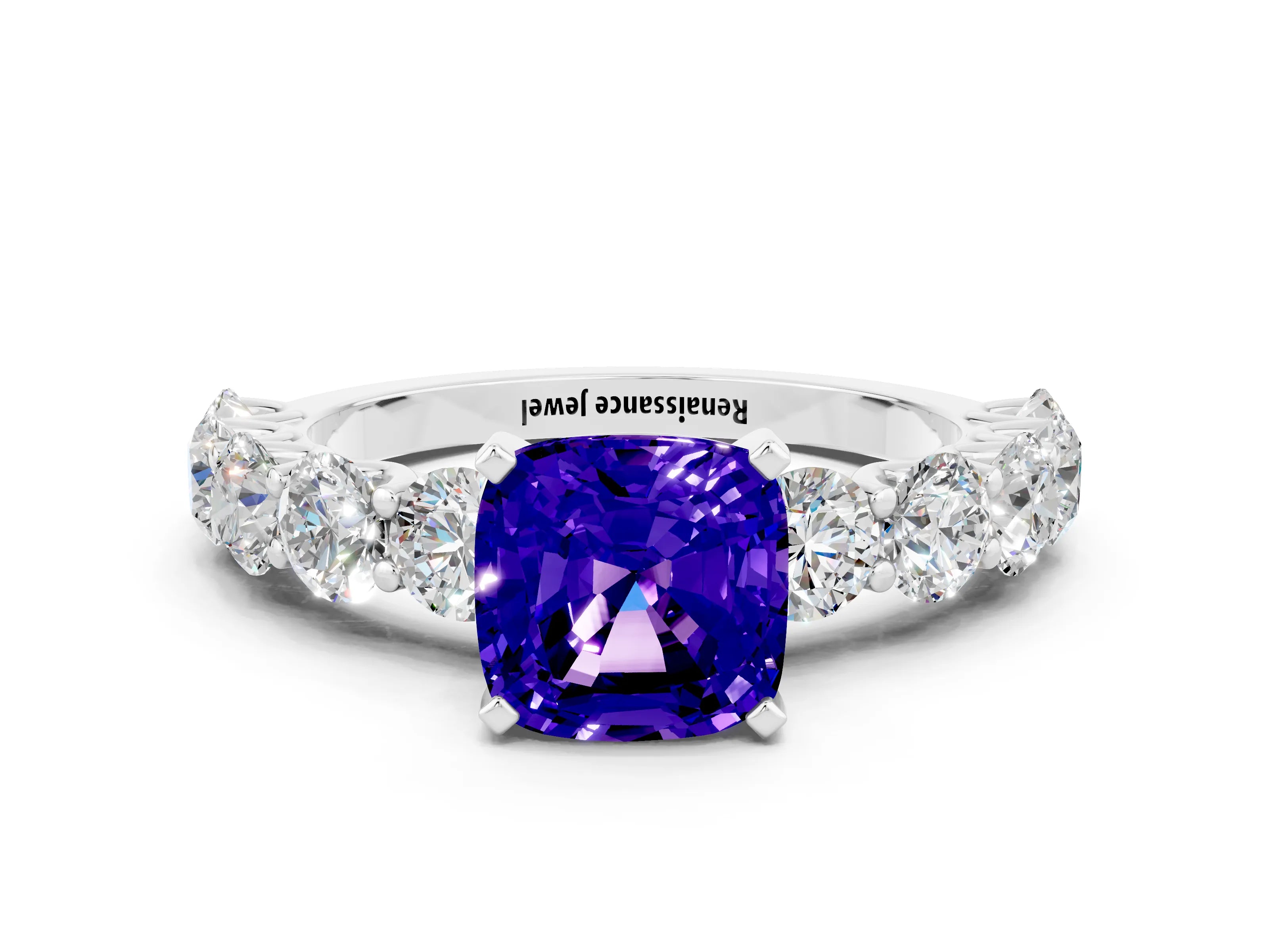 White gold Cushion Cut Tanzanite Prong Setting with Side Stones on a Pave Band