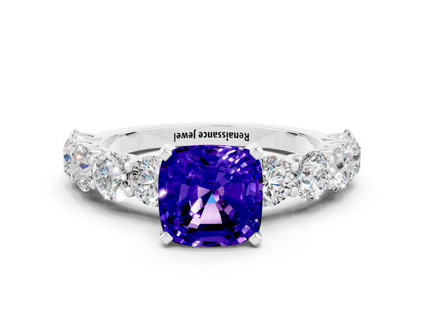 White gold Cushion Cut Tanzanite Prong Setting with Side Stones on a Pave Band