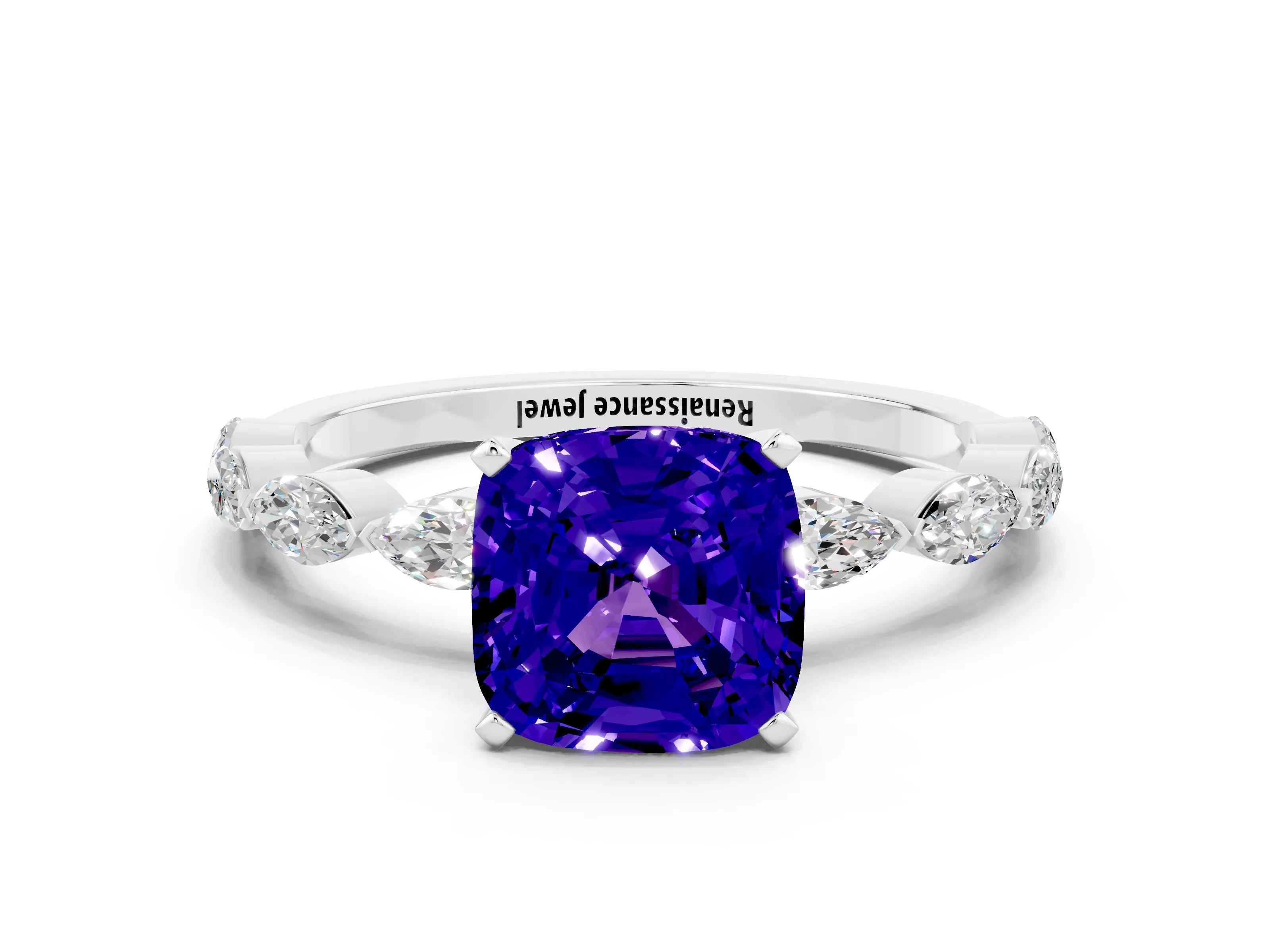 White gold Cushion Cut Tanzanite Ring with Marquise Side Stones and Prong Setting