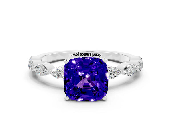 White gold Cushion Cut Tanzanite Ring with Marquise Side Stones and Prong Setting