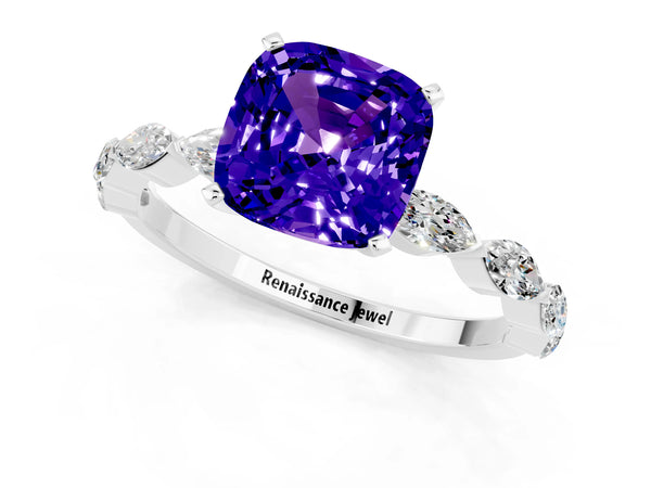 Silver Cushion Cut Tanzanite Ring with Marquise Side Stones and Prong Setting