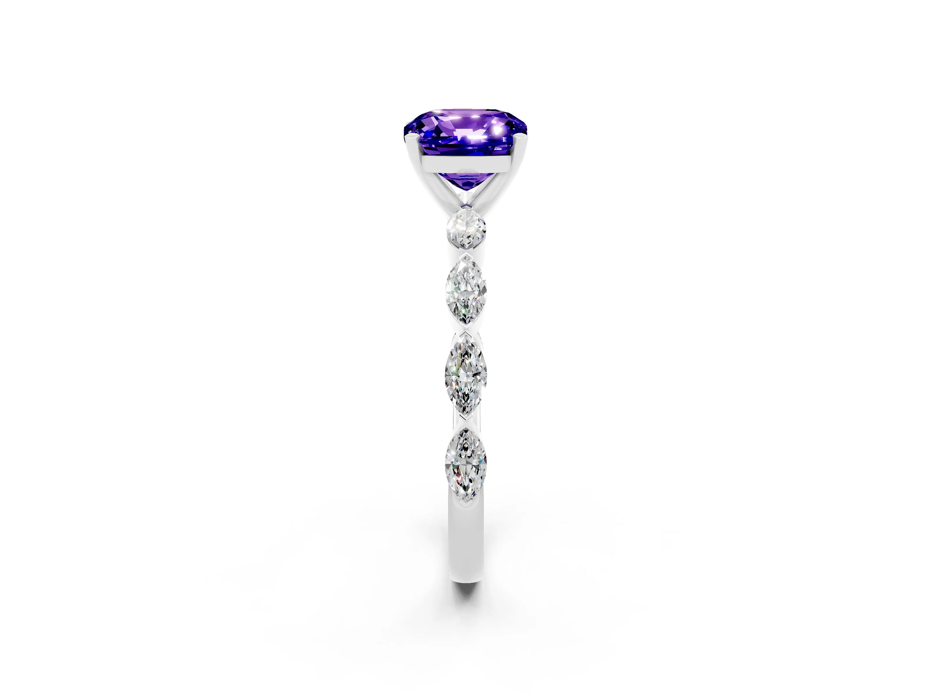 White gold Cushion Cut Tanzanite Ring with Marquise Side Stones and Prong Setting_2