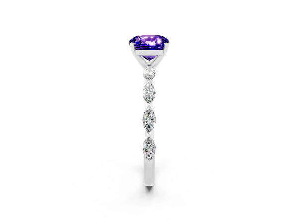White gold Cushion Cut Tanzanite Ring with Marquise Side Stones and Prong Setting