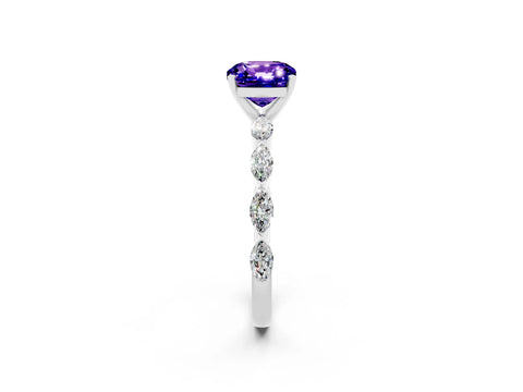 White gold Cushion Cut Tanzanite Ring with Marquise Side Stones and Prong Setting_2
