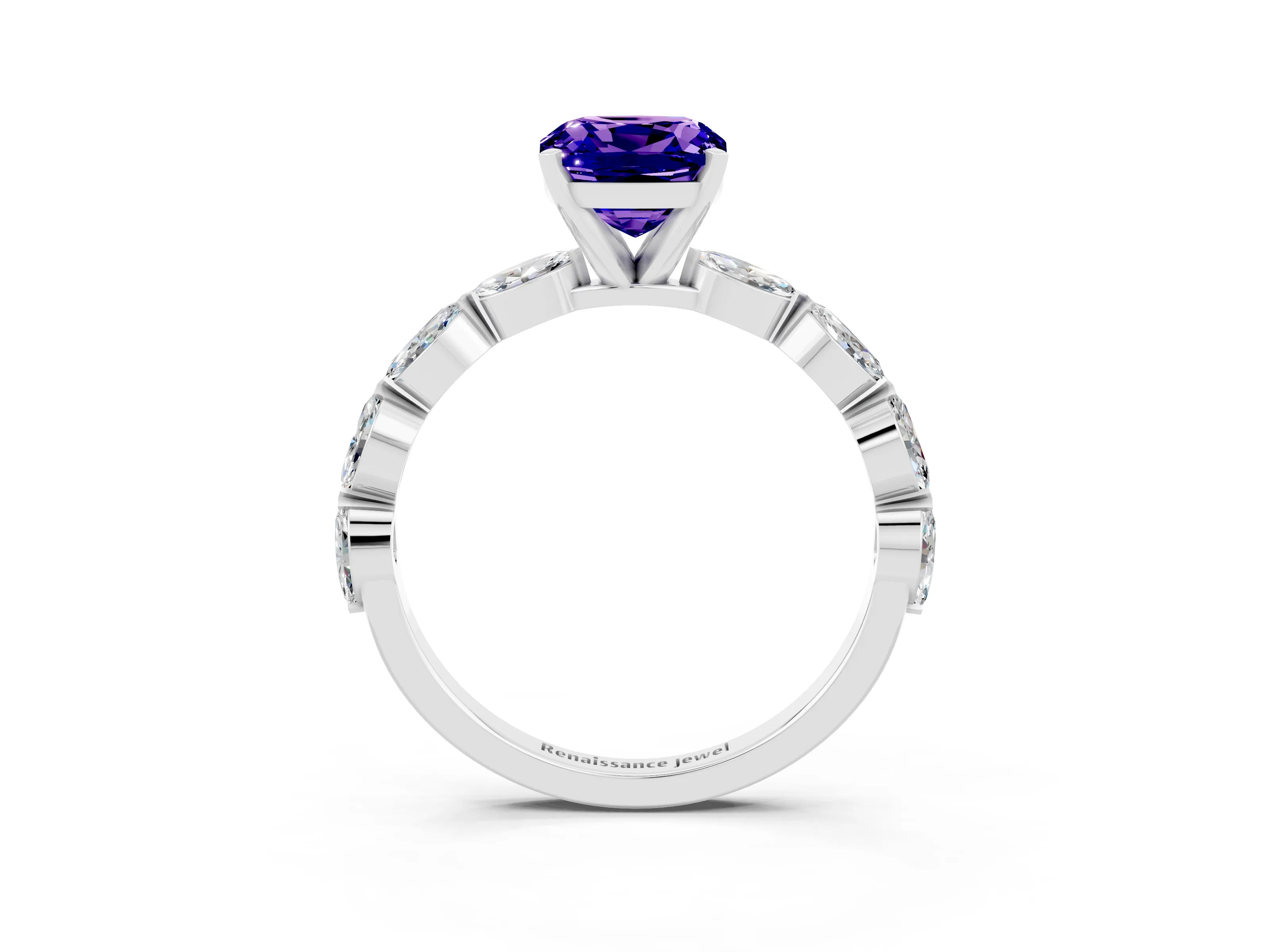 White gold Cushion Cut Tanzanite Ring with Marquise Side Stones and Prong Setting_3
