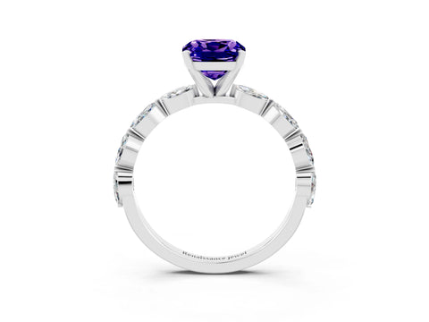 White gold Cushion Cut Tanzanite Ring with Marquise Side Stones and Prong Setting_3