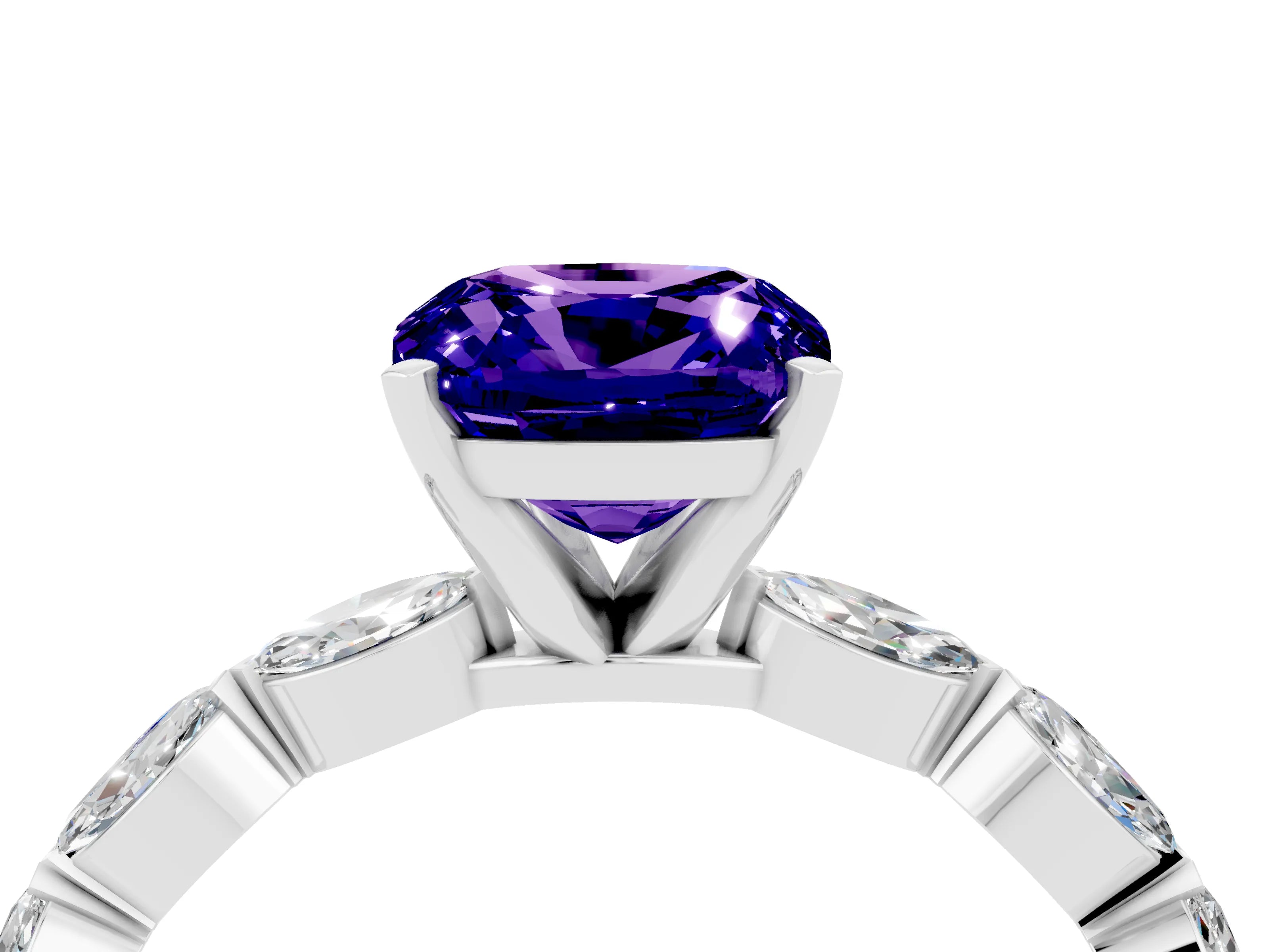 White gold Cushion Cut Tanzanite Ring with Marquise Side Stones and Prong Setting_4