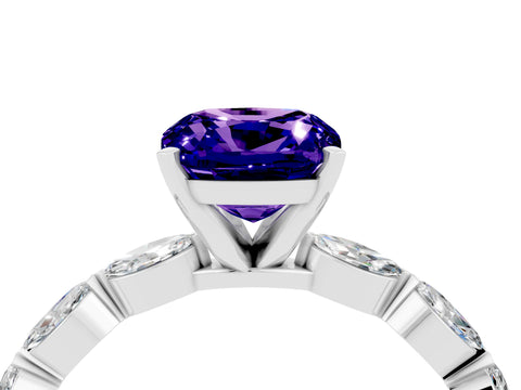 White gold Cushion Cut Tanzanite Ring with Marquise Side Stones and Prong Setting_4