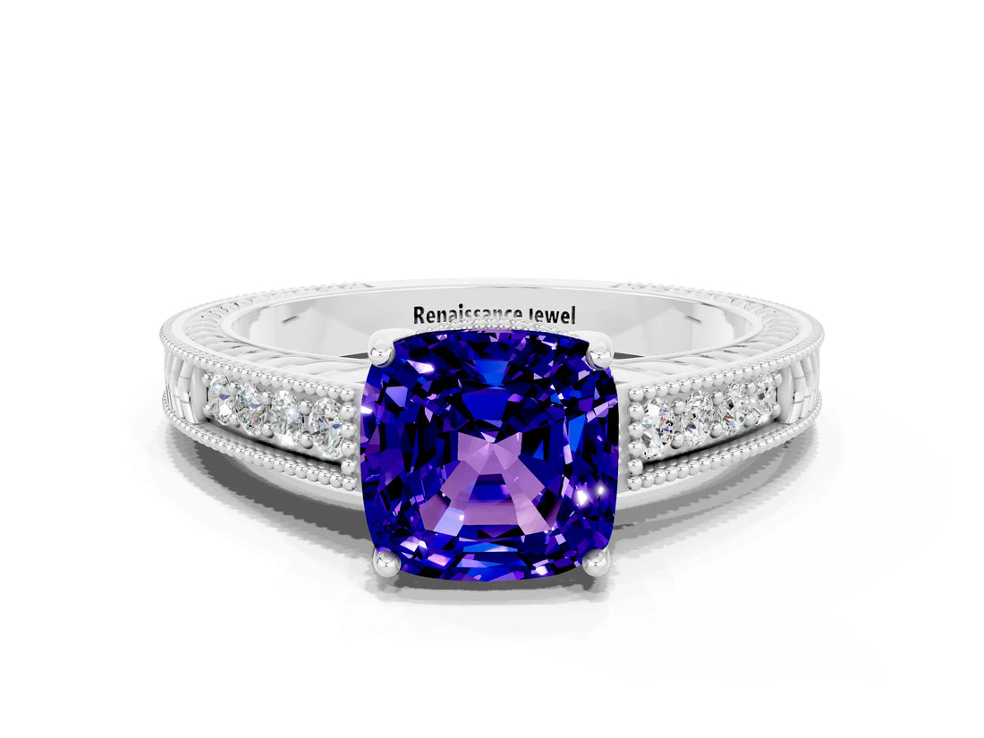 White gold Cushion Cut Tanzanite Ring with Milgrain Pavé Band and Four-Prong Setting_12