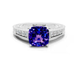White gold Cushion Cut Tanzanite Ring with Milgrain Pavé Band and Four-Prong Setting_12