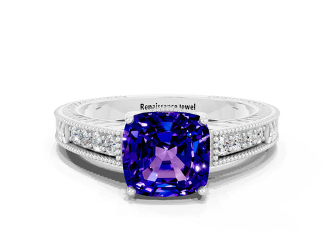 White gold Cushion Cut Tanzanite Ring with Milgrain Pavé Band and Four-Prong Setting_12