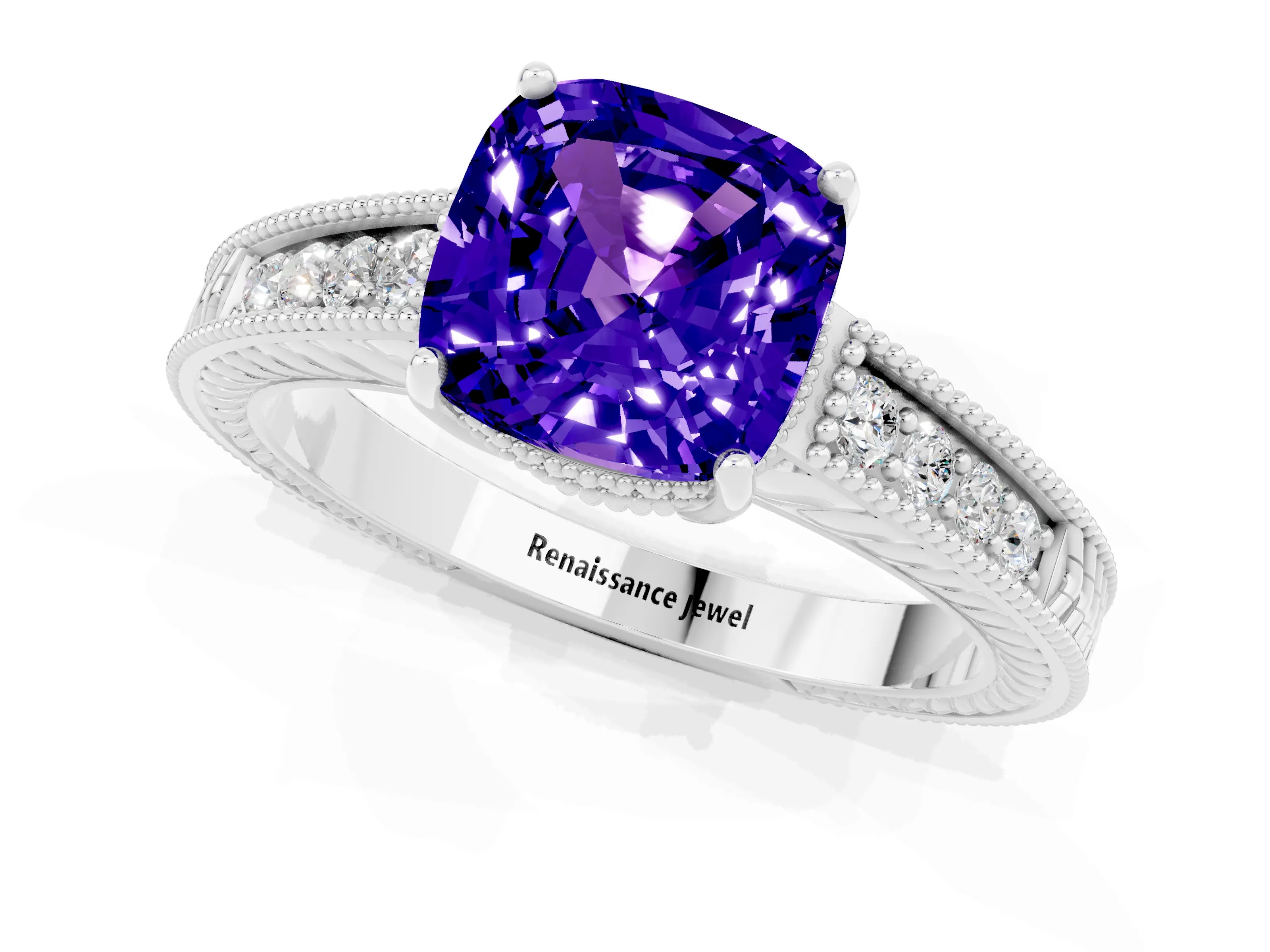 White gold Cushion Cut Tanzanite Ring with Milgrain Pavé Band and Four-Prong Setting_13