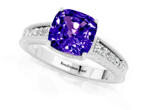 White gold Cushion Cut Tanzanite Ring with Milgrain Pavé Band and Four-Prong Setting_13