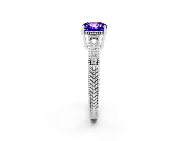 Platinum Cushion Cut Tanzanite Ring with Milgrain Pavé Band and Four-Prong Setting