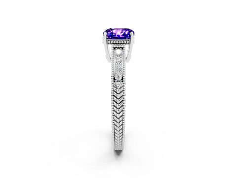 White gold Cushion Cut Tanzanite Ring with Milgrain Pavé Band and Four-Prong Setting_14