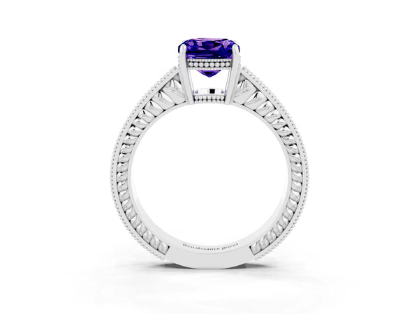 Platinum Cushion Cut Tanzanite Ring with Milgrain Pavé Band and Four-Prong Setting