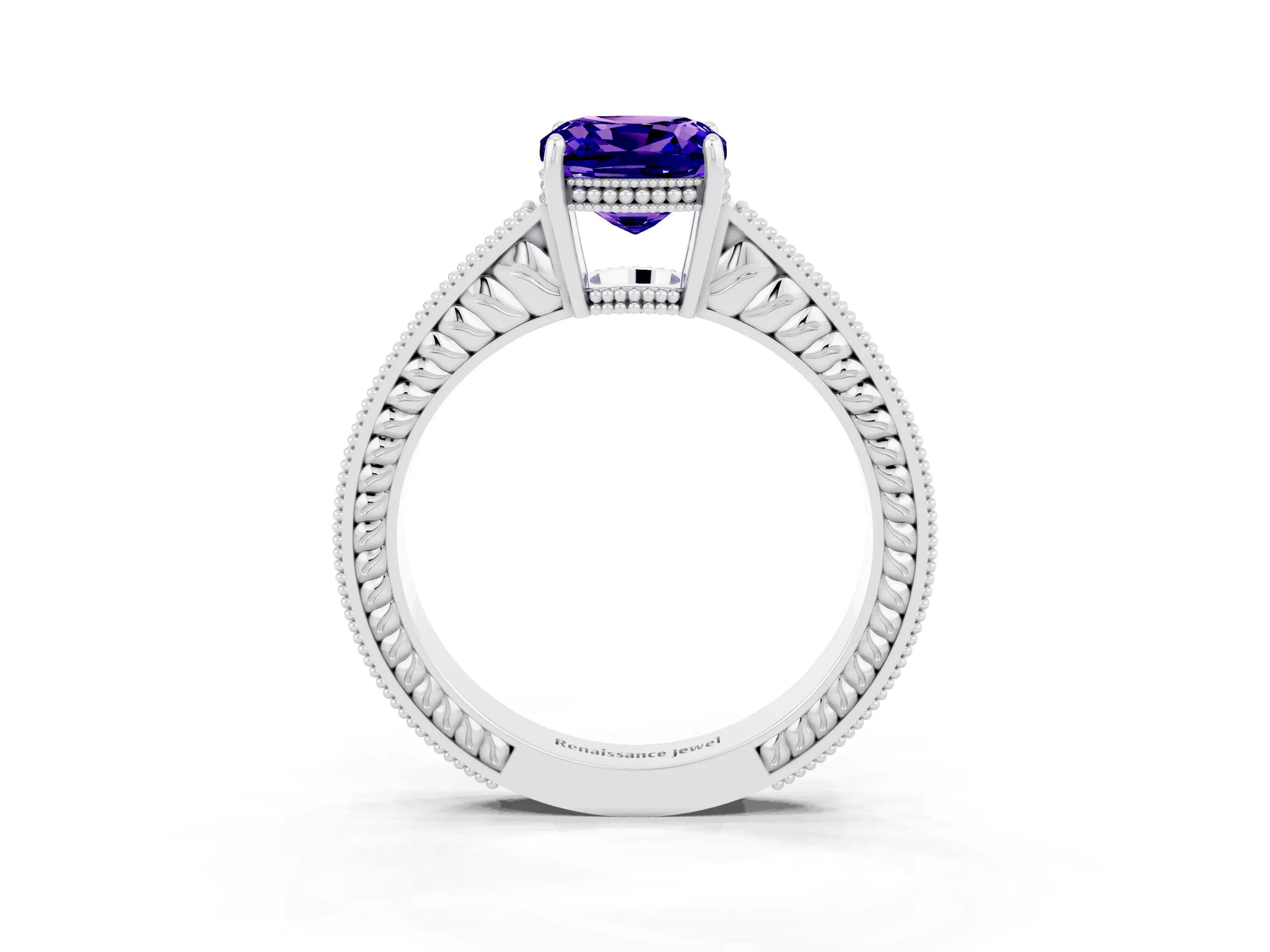 White gold Cushion Cut Tanzanite Ring with Milgrain Pavé Band and Four-Prong Setting_15