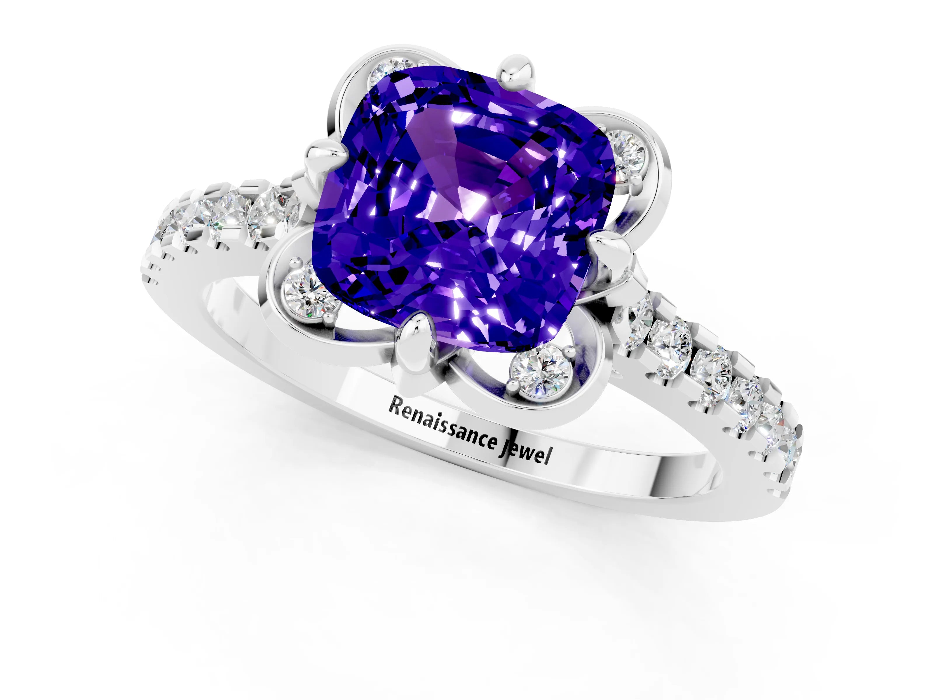 White gold Cushion Cut Tanzanite Ring with Pavé Band and Floral Prong Setting_1