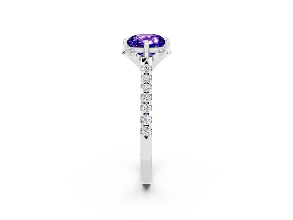 Platinum Cushion Cut Tanzanite Ring with Pavé Band and Floral Prong Setting