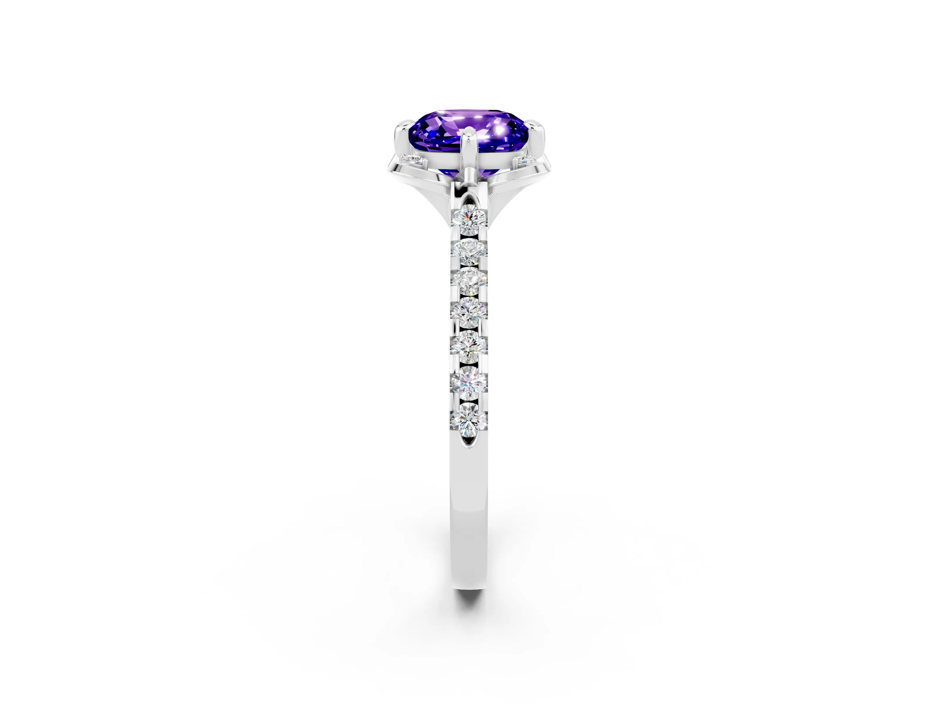 White gold Cushion Cut Tanzanite Ring with Pavé Band and Floral Prong Setting_2
