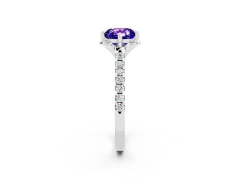 White gold Cushion Cut Tanzanite Ring with Pavé Band and Floral Prong Setting_2
