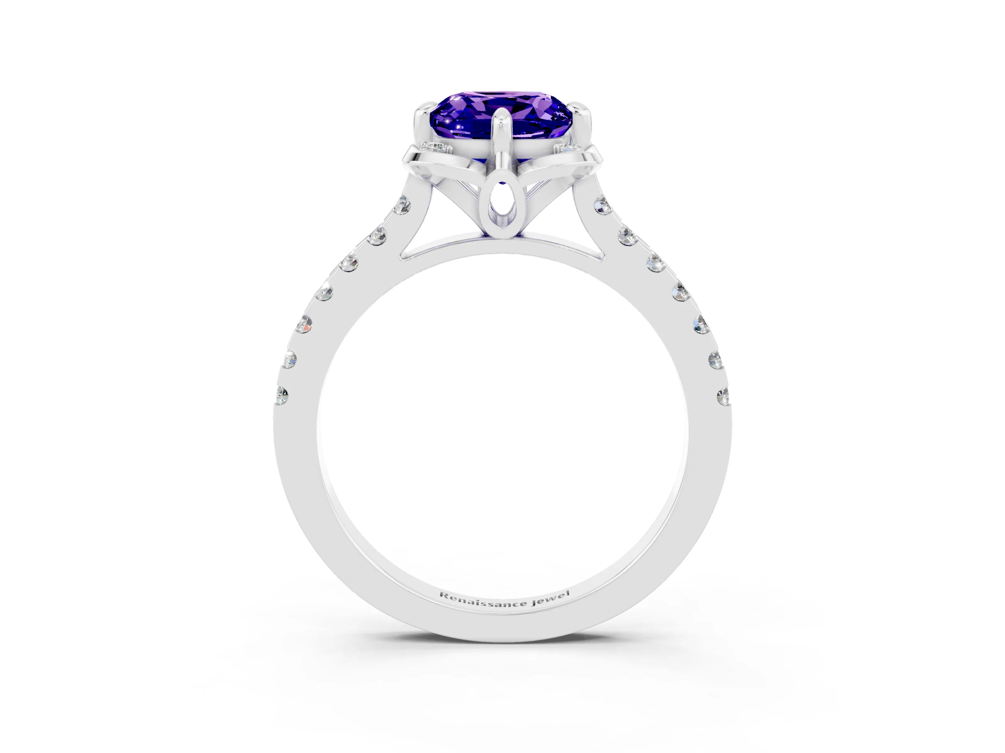 White gold Cushion Cut Tanzanite Ring with Pavé Band and Floral Prong Setting_3